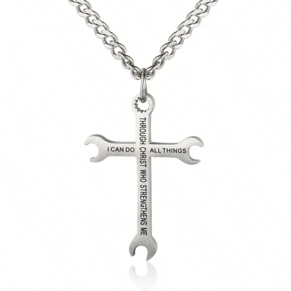 Men’s Stainless Steele Wrench Cross Pendant Necklace